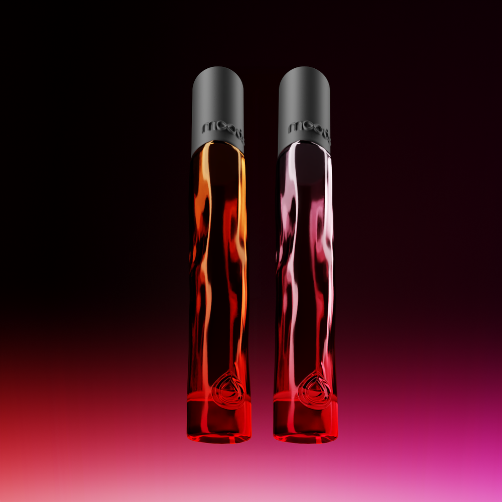 Two MoodRoller bottles with red and pink gradient background